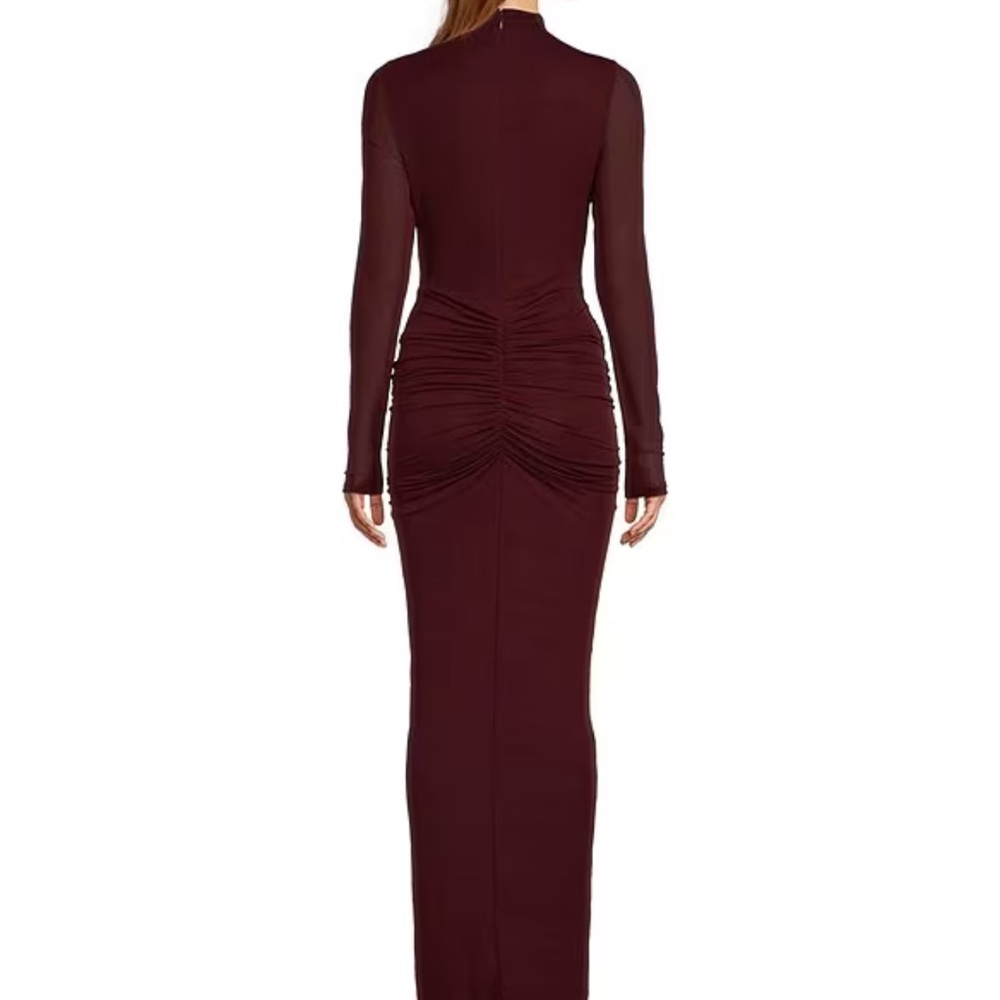 Scorpio Ruched Detail Knit Jersey Mock Neck Long Sleeve Maxi Dress